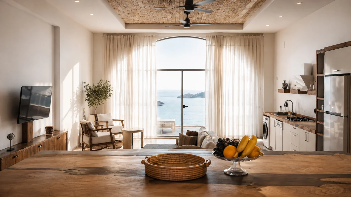 Villa Destiny Atölye Aslan — deniz manzaralı salon ve mutfak